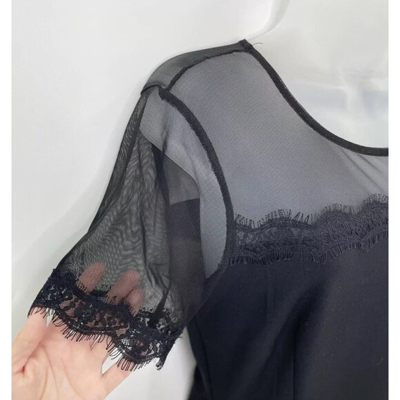 En Focus Studio Sheath Dress Black Mesh Lace Trim Flared Hi Low Hem Sz 6 Witchy - Picture 3 of 12